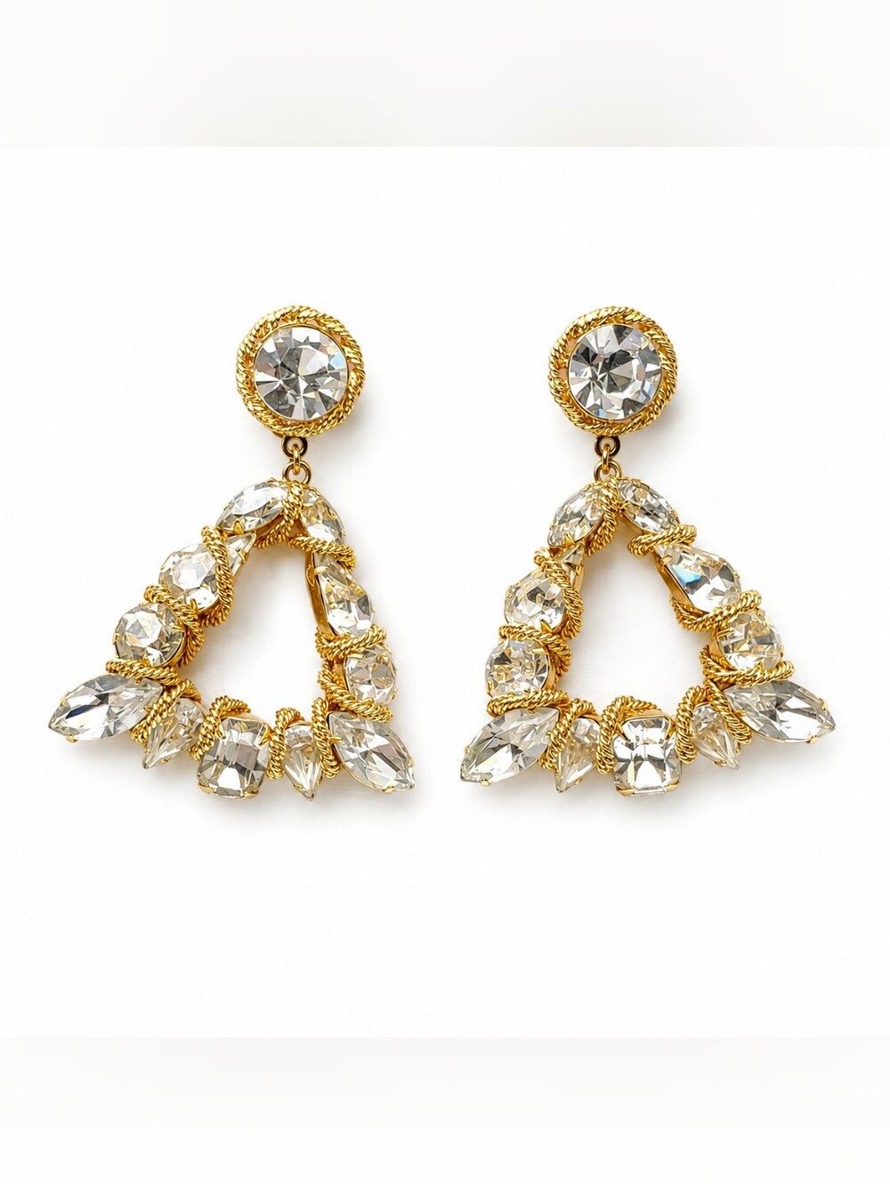 Vintage Vogue Gold Crystal Triangle Drop Clip-On Earrings